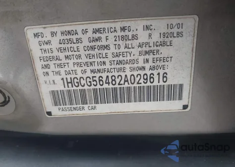 2002 Honda Accord 2.3 Lx z USA, uszkodzony, nr VIN 1HGCG56482A029616